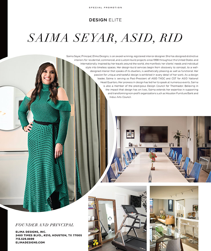 Saima Seyar of Elima Designs featured in Modern Luxury magazine with photos of her interior design work