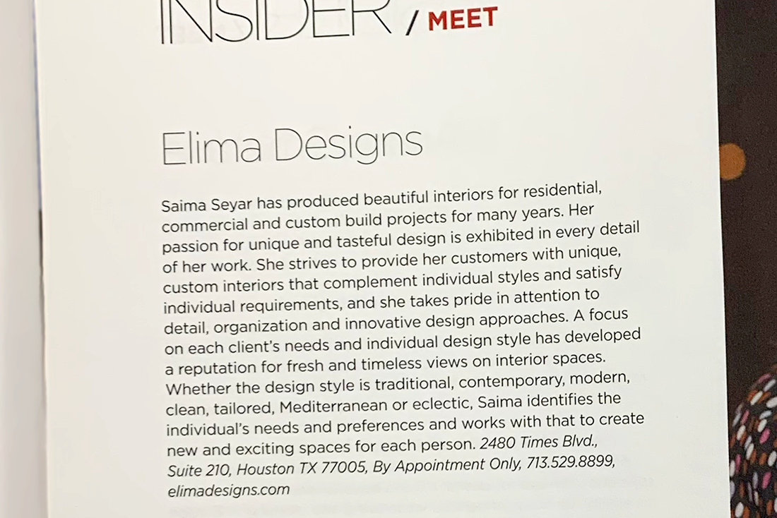 Saima Seyar, the interior designer is featured for her work in the Modern luxury Interiors Magazine