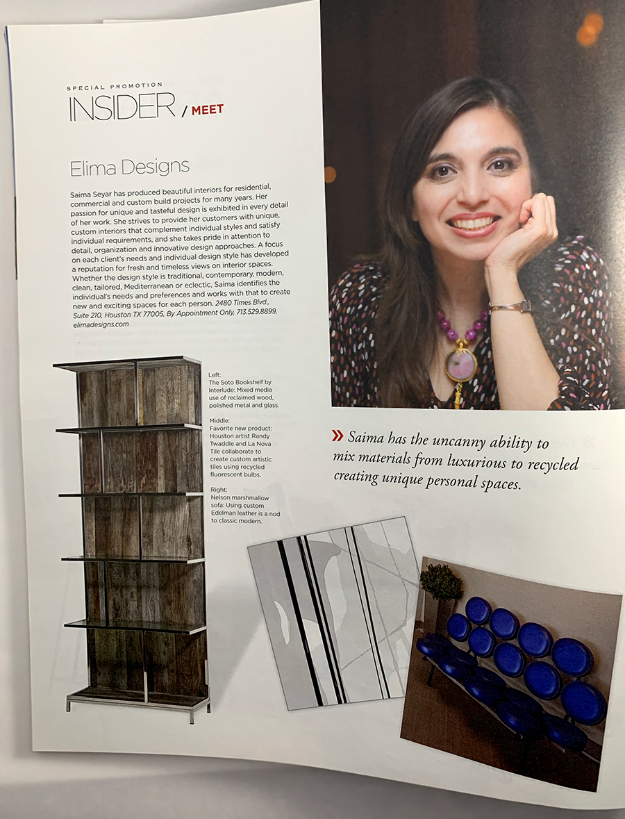 Interior designer, Saima Seyar is featured in Modern Luxury, Interior Design magazine