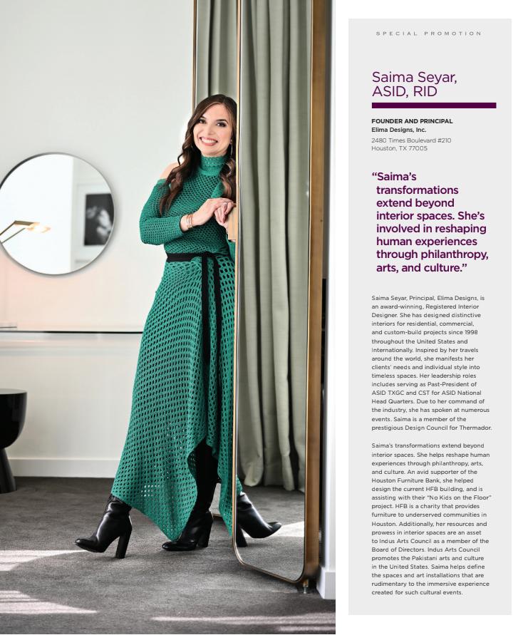 photo of Saima Seyar wearing green dress featured in Modern Luxury Houston Magazine