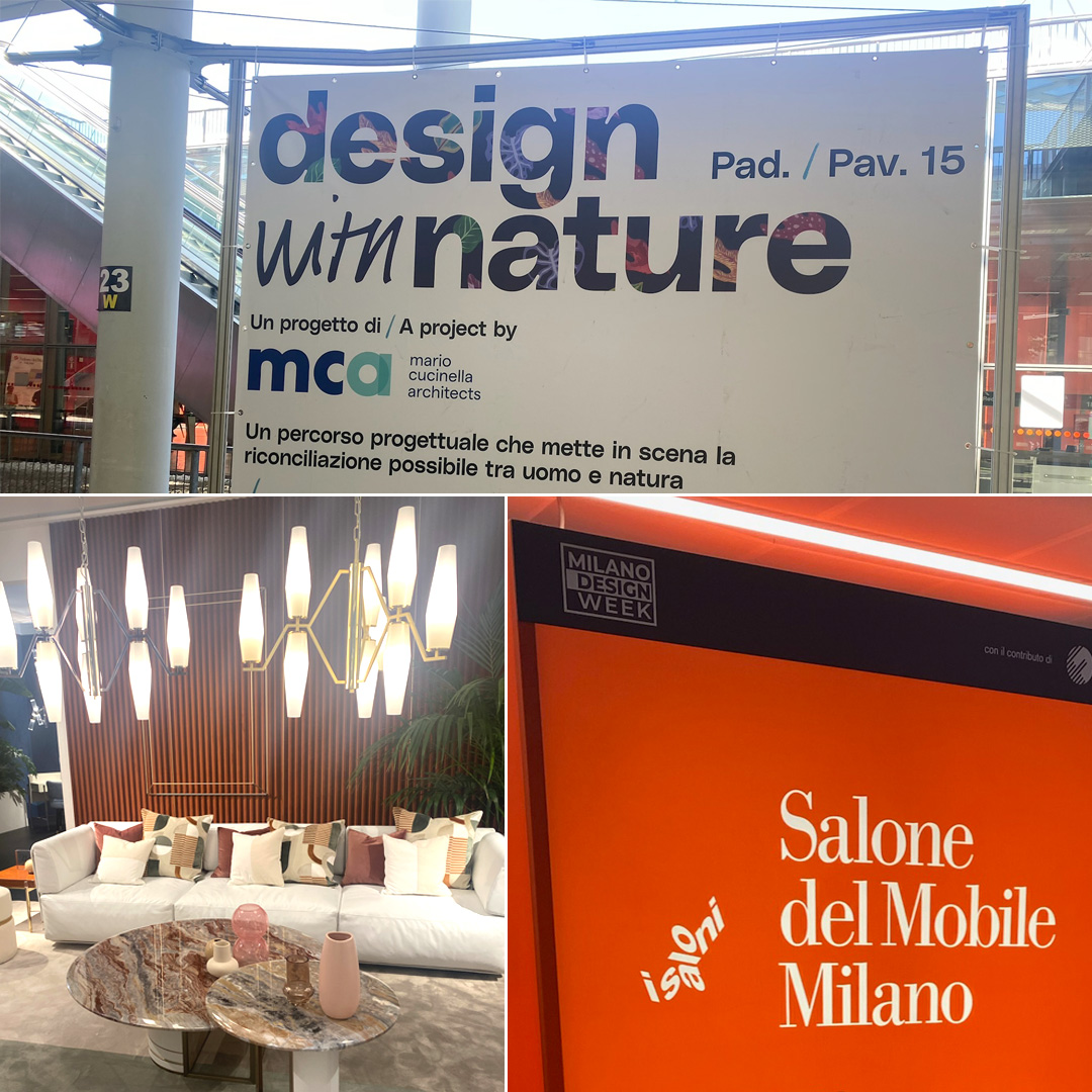 Signs and an interior lounge setup from Milan Design Week 2022