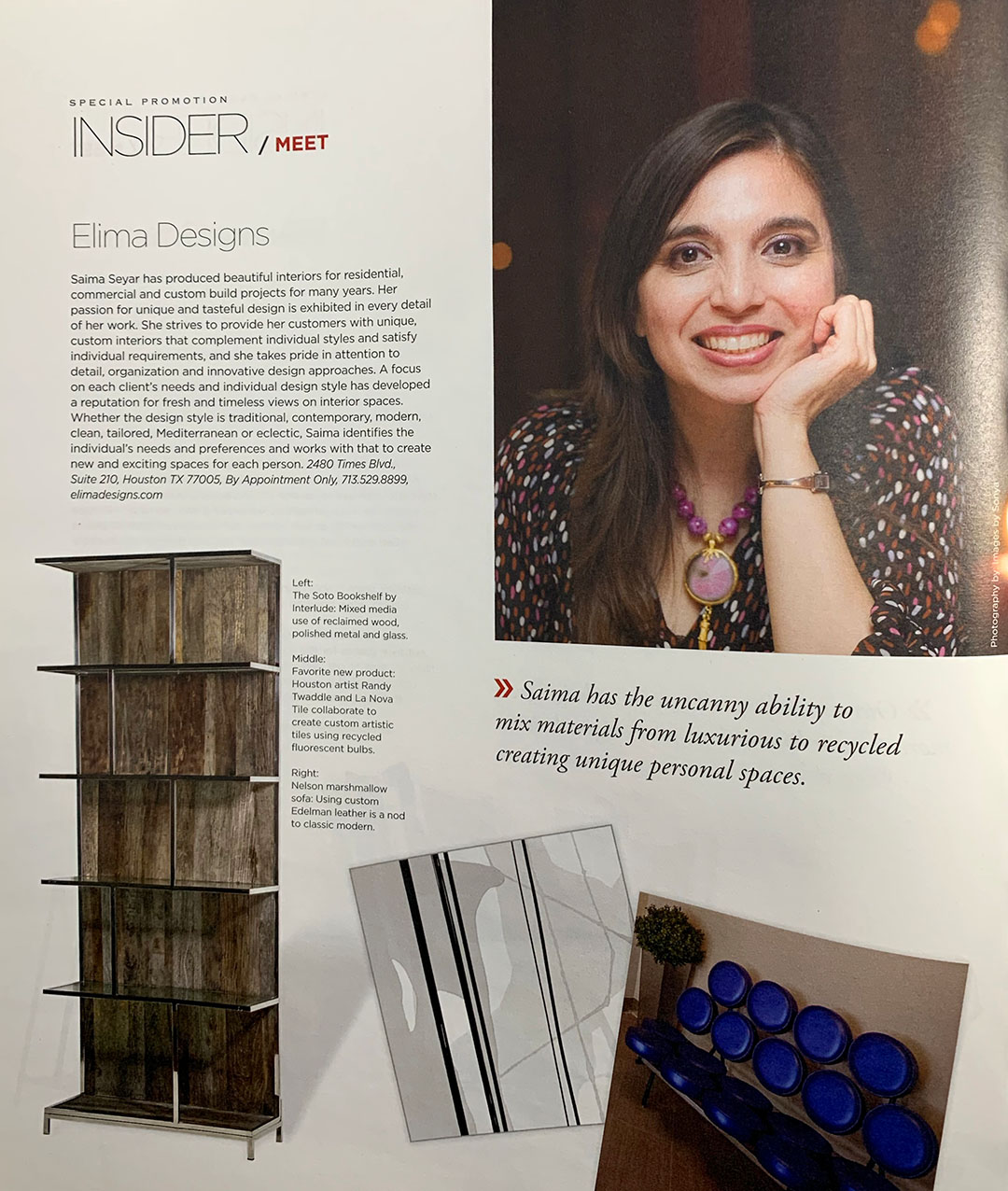 Insider Meet - Saima Seyar, RID featured in a Design publication with pictures of furniture pieces.