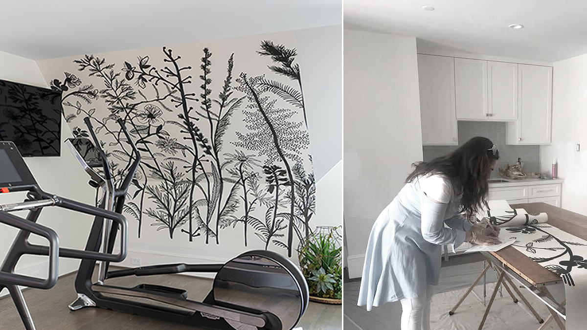 Floral wall paper enhances an interior of an exercise room. Saima Seyar working on a drafting table to prepare a room for the annual ASID Show House.