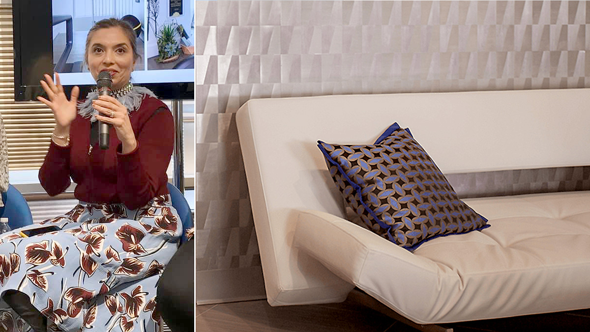 Interior Designer Saima Seyar speaking at an ASID event wearing red sweater and a floral printed skirt. With adjacent photo of a sofa and cushion in geometric pattern.